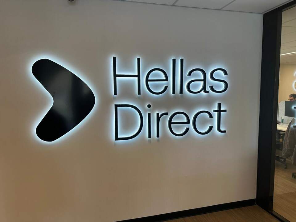 Illuminated reception logo, Hellas Direct