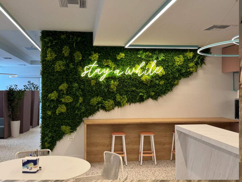 Moss wall with neon, Office branding