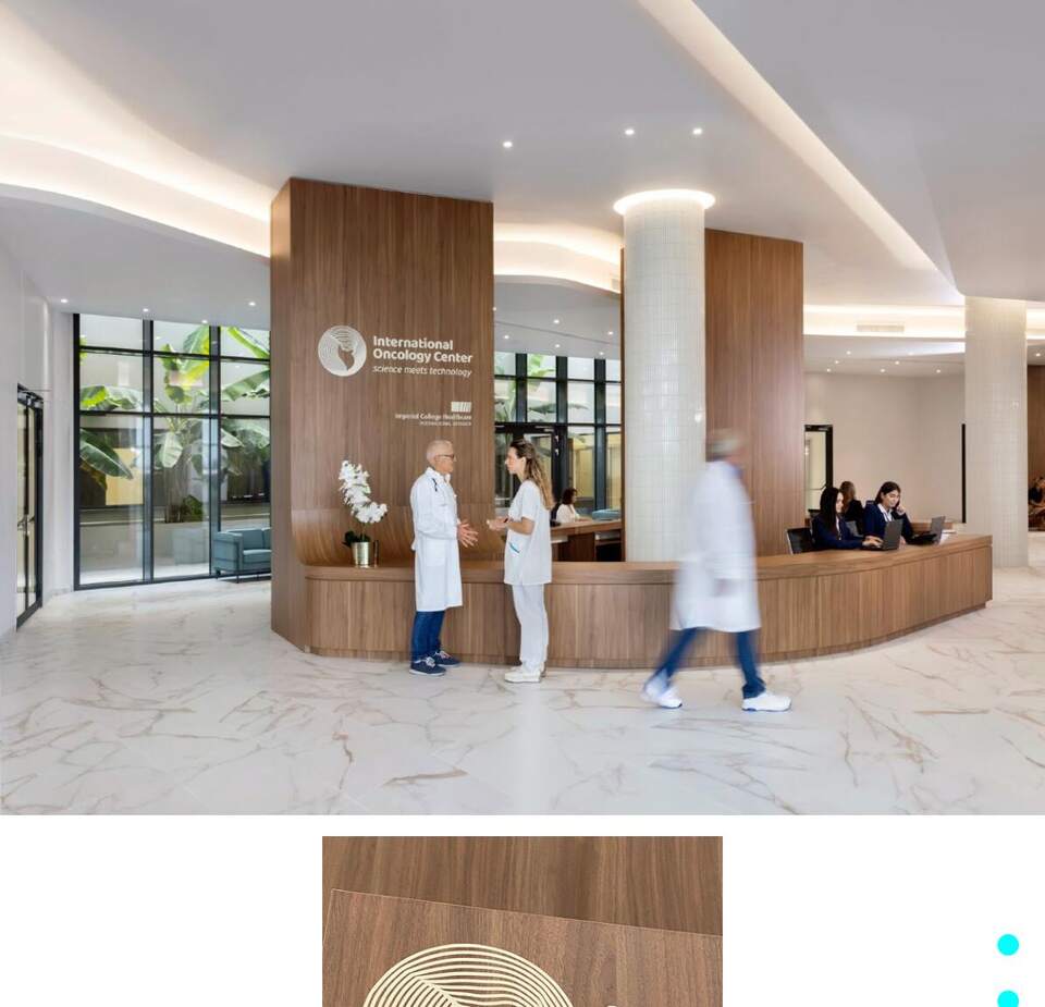 Reception with wooden logo, International Oncology Center